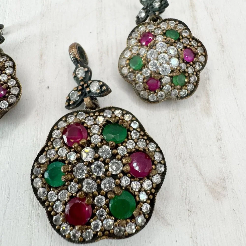 Ruby And Emerald Sterling Silver And Brass Turkish Flower Earrings And Pendant